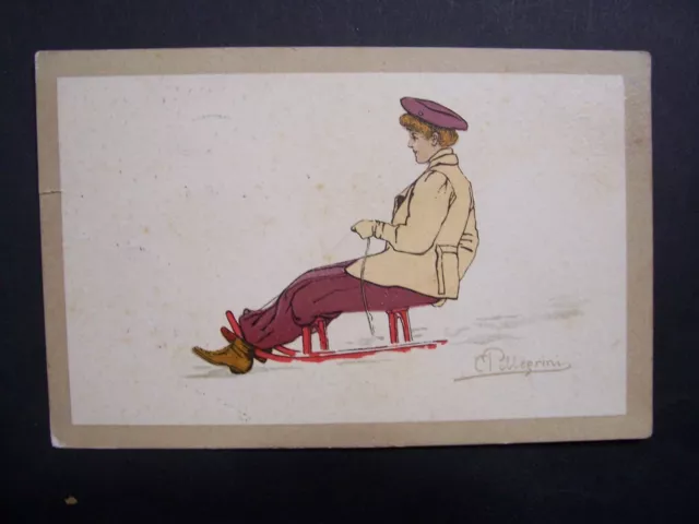 CPA  - illustrateur : C. PELLEGRINI - Série Sports d'Hiver - n° 23 : Luge - 1910