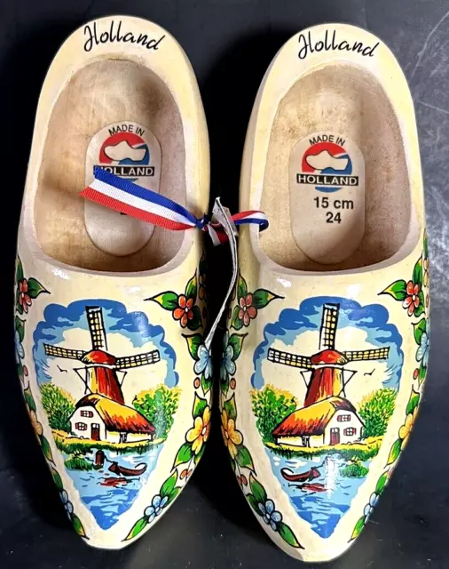 Vtg Wooden Dutch Clogs Shoes Holland Hand Carved Wood Colorful Windmill Flowers
