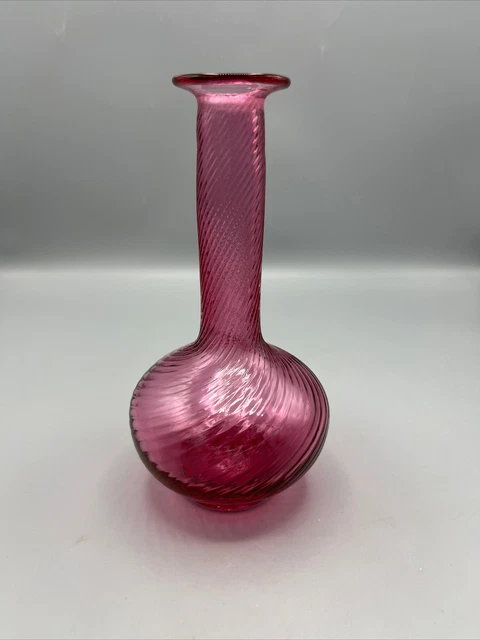 Vintage Handmade Cranberry Glass Twisted Vase - 8" tall
