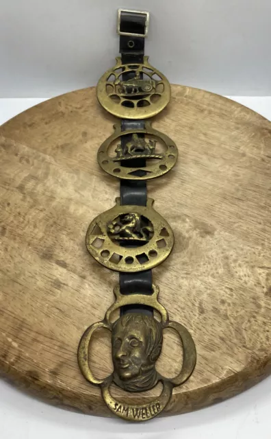 4 Antique Equestrian Brass Medallion Horse Brasses On 16” Harness