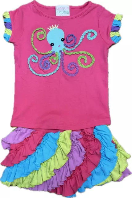 Lemon Loves Lime Set Octopus Top & Colorful Rainbow Ruffle Shorts SIZE 2