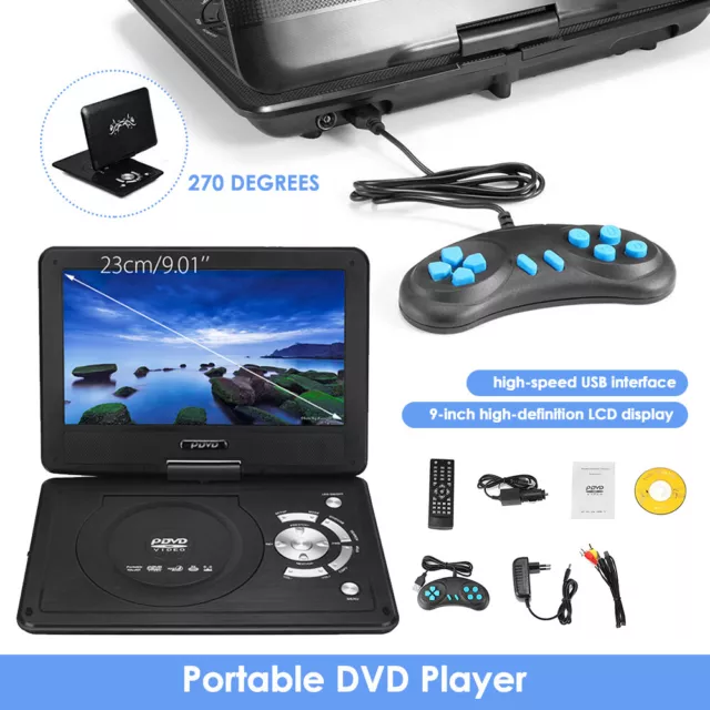 9 Inch Portable DVD Player Swivel Screen USB Port CD In Car LCD USB with Gamepad