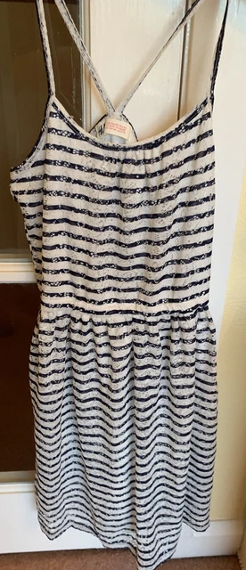H&M Girls White Blue Striped Summer Dress Age 8-10 Yrs
