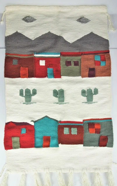 Southwest Dessert Woven Wool Textile Wall Hanging Gray Clouds Cactus Adobe Mount