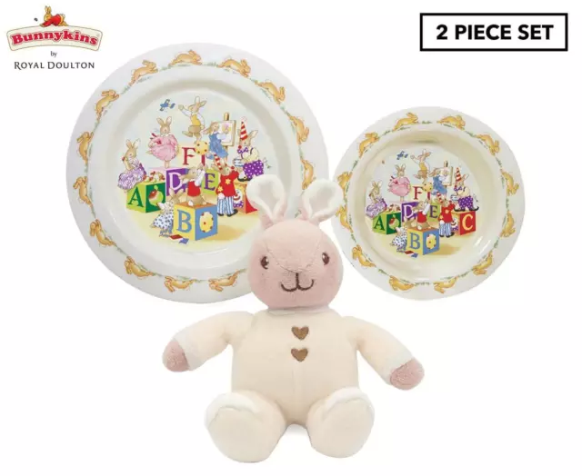 Royal Doulton - Bunnykins 2 Piece Melamine & Plush Set CREAM Plate, Bowl & Toy