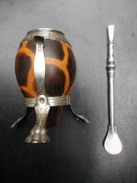 "Bombilla" Superbe gourde Yerba Matte thé maté Argentine Alpacca Eberle 1930 !