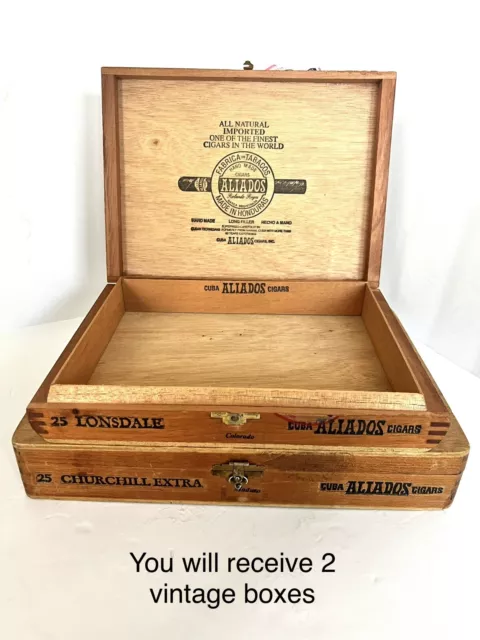 2 Vintage Cigar Boxes Cuba ALIADOS Cigars 25 Churchill & Lonsdale • Hinged