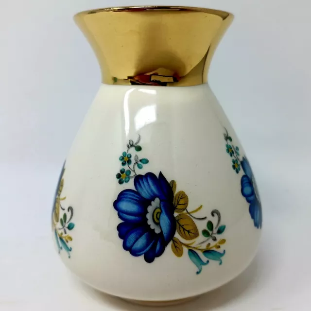 Prinknash Pottery Gloucester Blue Flowers Small Posy Bud Stem Vase Gold 10cm