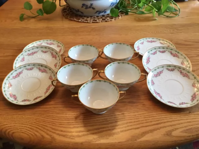 GDA LIMOGES CREAM SOUP BOWLS BOUILLON CUPS W/UNDERPLATES, 5 Bowls/6 Underplates