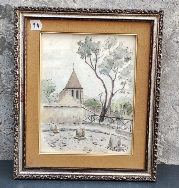 Acquerello Quadro Paesaggio Chiesa Firmato Pierre Andre' 1953 Dipinto Originale