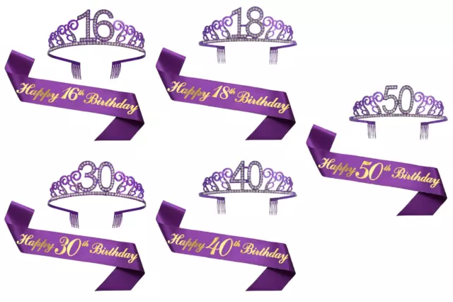 Sash and Tiara Set 16 ,18 ,30,40,50 Birthday Gifts Birthday Sash Purple