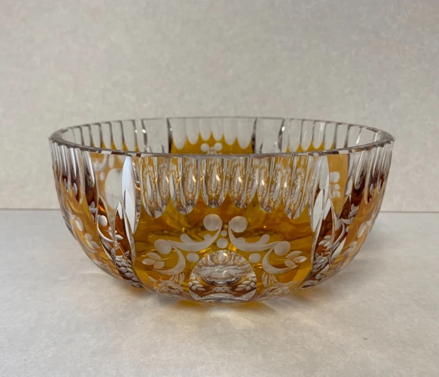 Vintage Bohemian Lead Crystal Amber Cut to Clear Glass 8" Crystal Glass Bowl