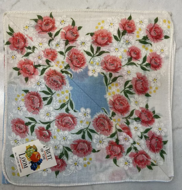 Ladies Vintage Fruit of the Loom Handkerchief  Pink Carnations White Daisies