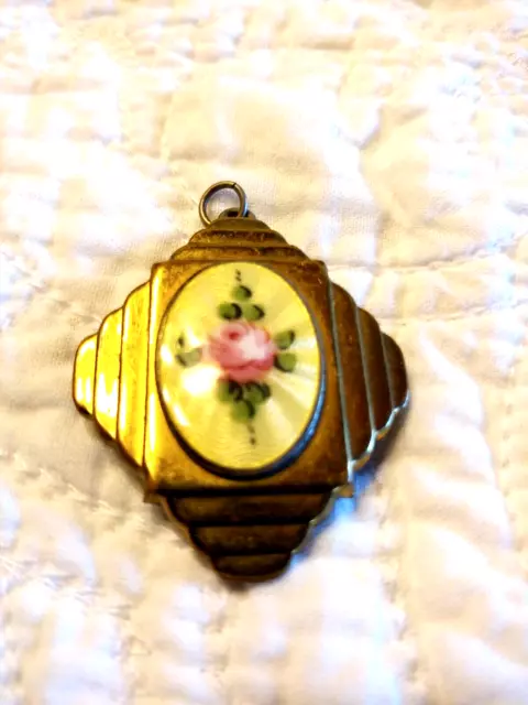 Vtg. Antique Guilloche Enamel Rose Locket Pendant, Gold Tone