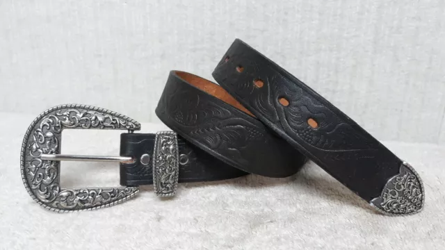 Men's WESTERN BELT - BLACK HAND TOOLED Leather - Size 30+