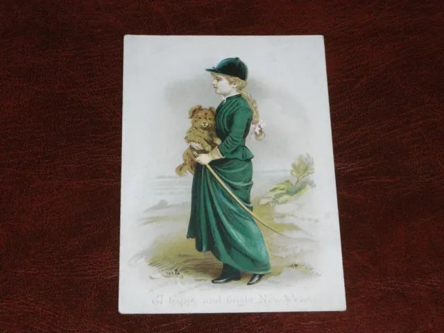 Original Victorian Greetings Card - Girl In Riding Outfit With Dog.