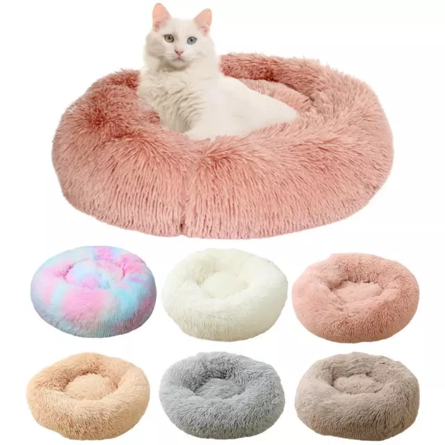 Pet Dog Cat Calming Bed Comfy Shag Warm Fluffy Beds Nest Mattress Fur Roun tp