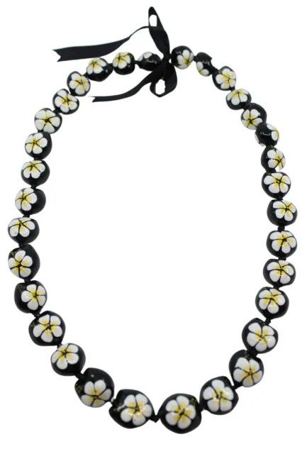 Kukui Nut Lei Hawaiian Style Necklace - Natural, Hand Painted Hibiscus Flowers