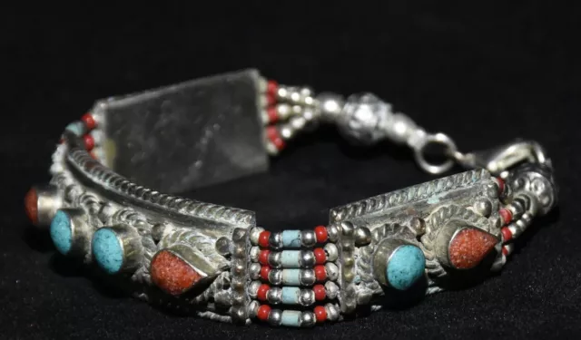 7''Old Tibetan Silver Inlay Turquoise Coral Jewelry Wristband Bracelet Bracelets 3