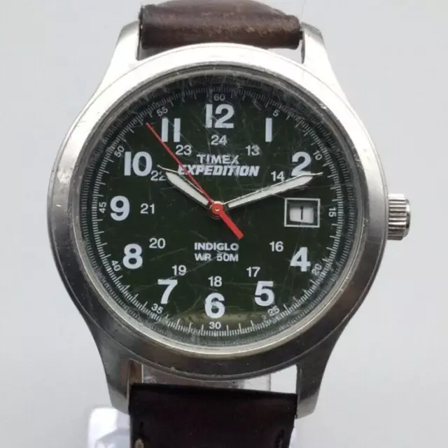 Timex Expedition Watch Men Silver Tone Green Dial Indiglo Date 50M Leather Band