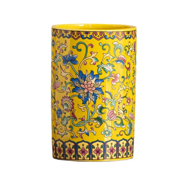 Portaplumas de cerámica esmaltado amarillo jarrón decorativo porcelana obras de arte
