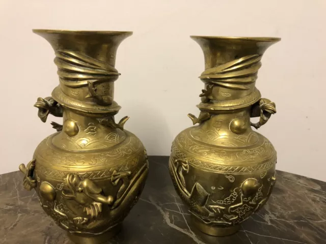 PAIR of Japanese Brass Vintage Oriental vases with dragons