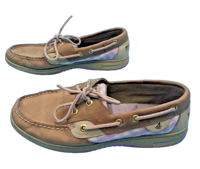 Sperry Top Sider Bluefish Tan Leather Pink & White Plaid Boat Shoes Womens 7.5 M