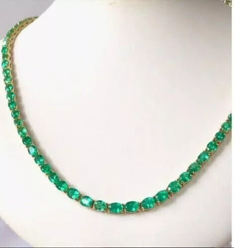 20 Ct Oval Cut Lab-Created Emerald Tennis Necklace Women's 14k Yellow Gold Over