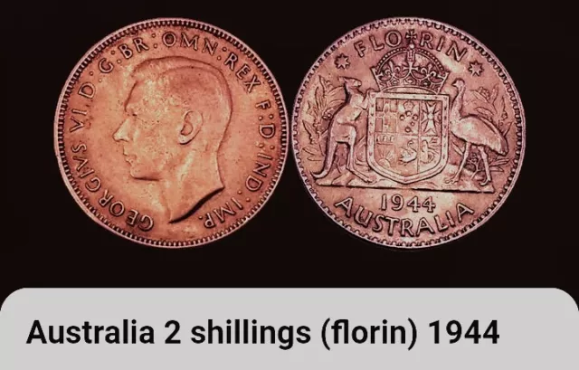 1944 Australia (One) 1 Florin Coin, King George VI, BONUS OFFERS. 0.925 Silver