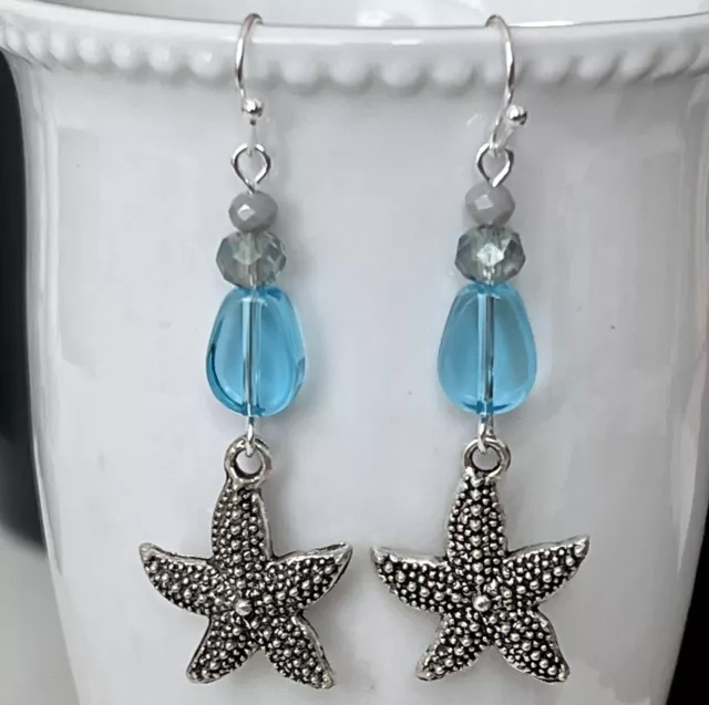 Etched Silver Starfish & Ocean Blue and Gray Earrings Beach Lovers. Summer.