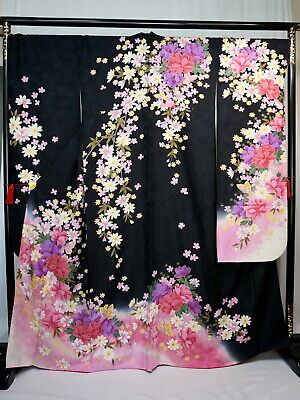 Japanese kimono SILK"FURISODE" long sleeves,Gold,Flowers, Peony, L 65" ..1186