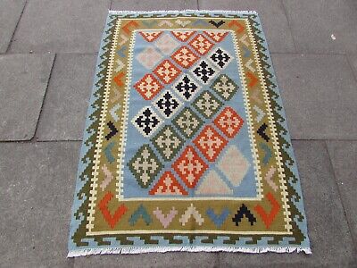 Vintage Traditional Hand Made Oriental Wool Blue Green Small Kilim 143x105cm