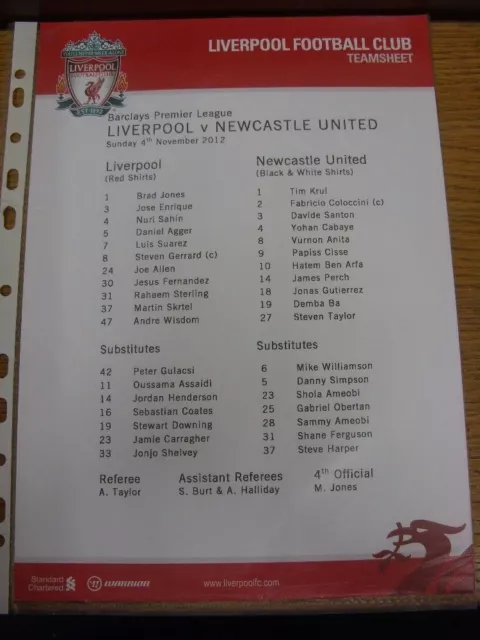 04/11/2012 Colour Teamsheet: Liverpool v Newcastle United  . Does this item have