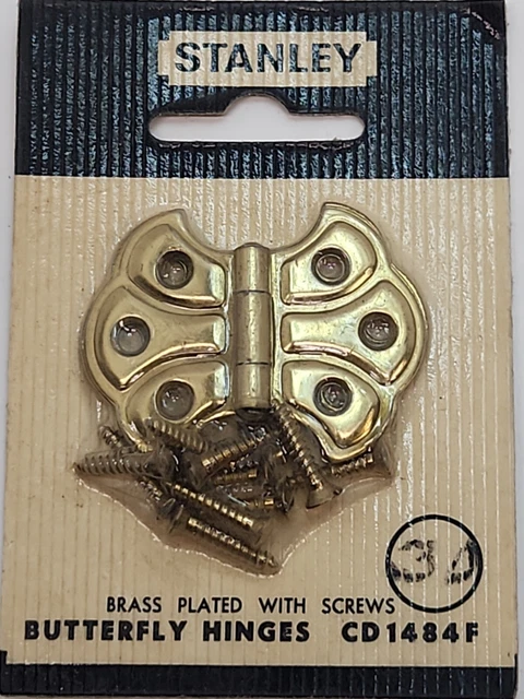 Vintage NOS Stanley Sweetheart Brass Plated Butterfly Cabinet Hinges & Screw Set
