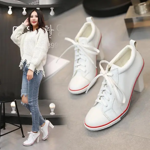 Womens Lace Up Canvas Hot Leather High Heel Chunky Lace Up Sneakers Shoes Casual