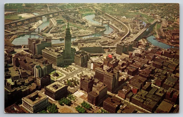 Postcard Vintage OH Cleveland Downtown Aerial View Terminal Tower Chrome -9369