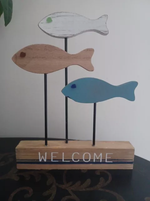 8" WELCOME Sign Tropical Fish Figurine Wood nautical SEA BEACH GLASS decor NEW