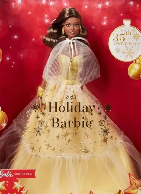 Barbie-Barbie Joyeux Noël 2023-Poupée Robe Dorée Et Cheveux Blonds