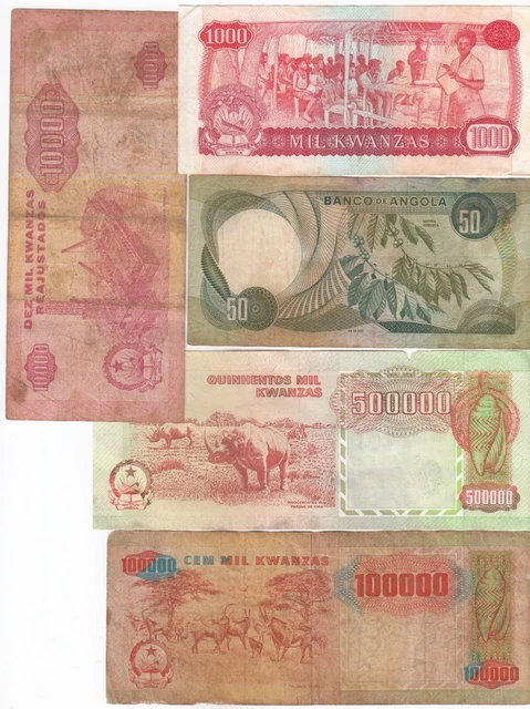 ANGOLA, LOT OF 5, All Different Denomination Banknotes, Mixed Condition ...