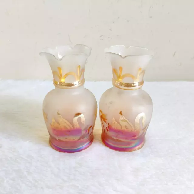 1930s Vintage Carnival Glass Marigold Swan Design On Flower Vase Pair GV134