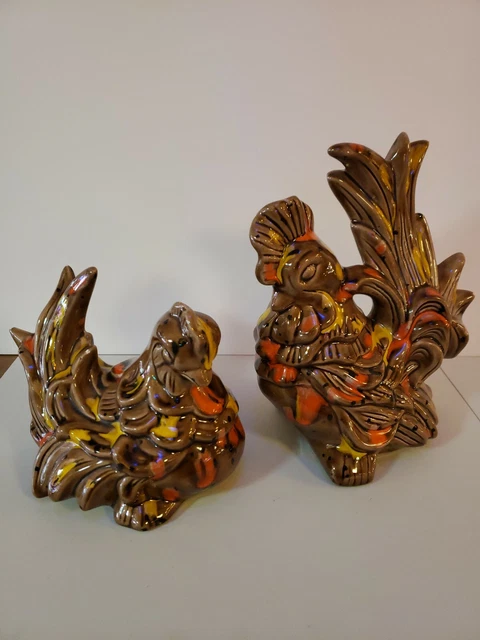 Vintage Chicken Rooster Multicolored Hand Painted Ceramic Figurines Set