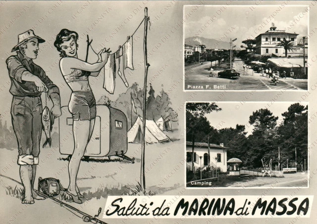 1963 Saluti MARINA DI MASSA Piazza Francesco Betti Campeggio Primavera Cartolina