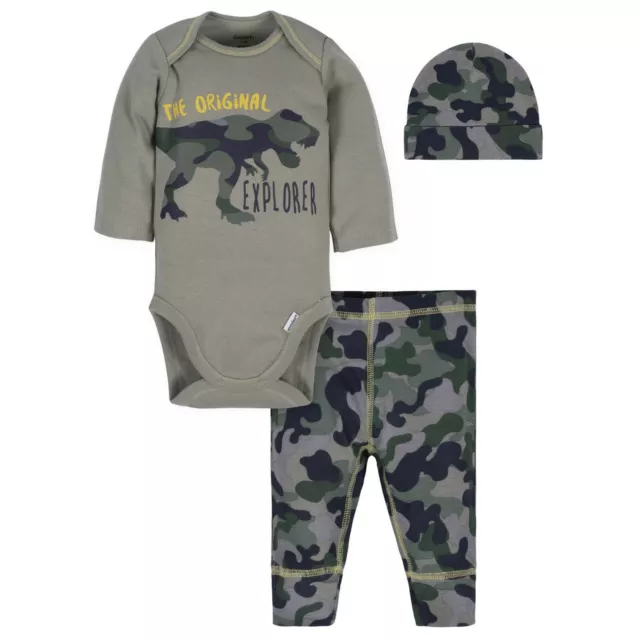Gerber Baby Boys 3pc Onesies Bodysuit, Camouflage Pants, Cap Outfit Set, Newborn