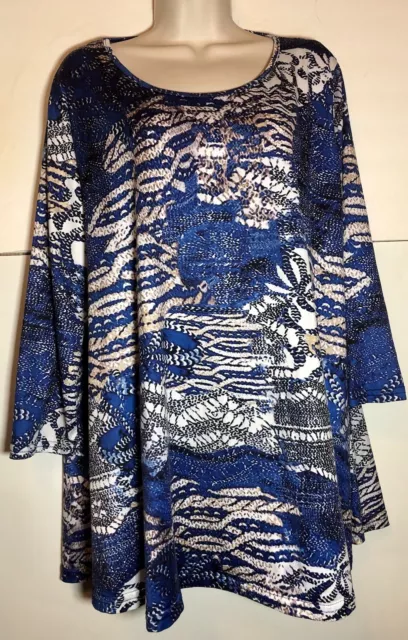 Womens Size Xl/1X Stretch Top Tunic Length Multi Blue Print Relax Fit