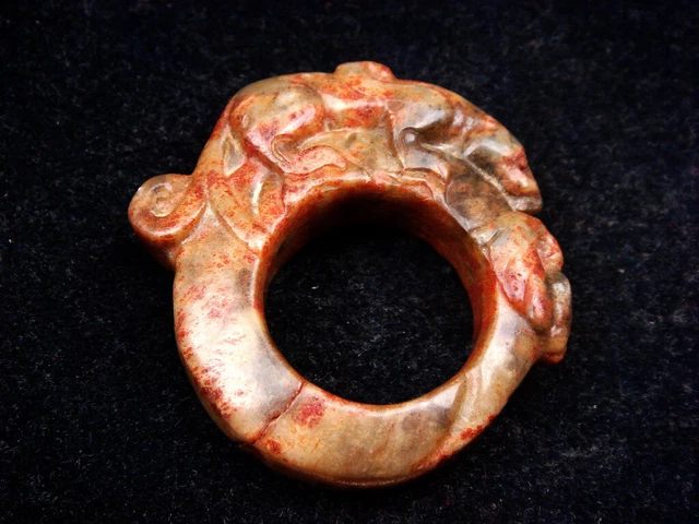 Old Nephrite Jade Stone Carved Thumb Ring w/ Monster Pi-Xiu #10142306