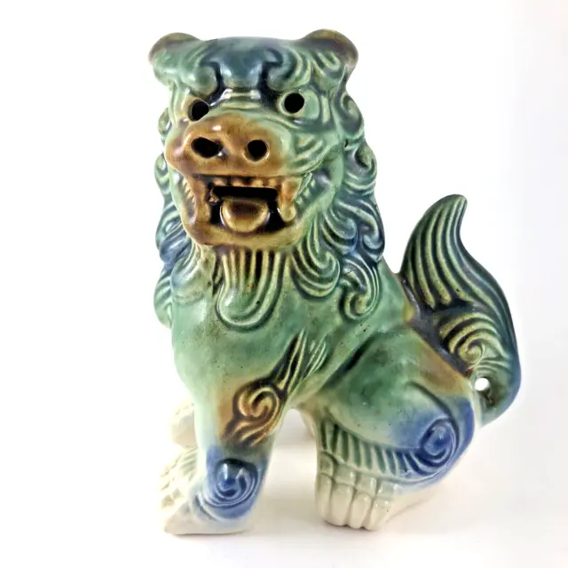 Vintage Chinese Porcelain Foo Dog Statue Figurine Green and Blue Glaze 5 1/2"