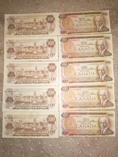 Canada 100 Dollars 1975 ONE BILL FROM IMAGE Old Vintage Canadian Banknotes Bills