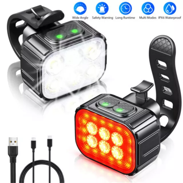 USB Rechargeable LED Bicycle Headlight Taillight Set Bike Front Rear Lamp