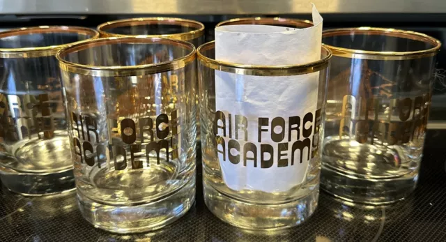 6 Air Force Academy Hi Ball Cocktail Glasses Tumblers Gold Trimmed 4.25" tall