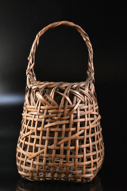 M2492: Japanese Wooden Bamboo Wickerwork/Ajiro-shaped FLOWER VASE Ikebana, auto